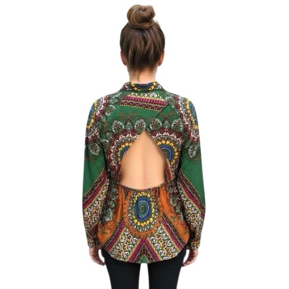 Farm Rio Women’s Colourful Mandel Patterned Button Down Open Back Top Size Small
